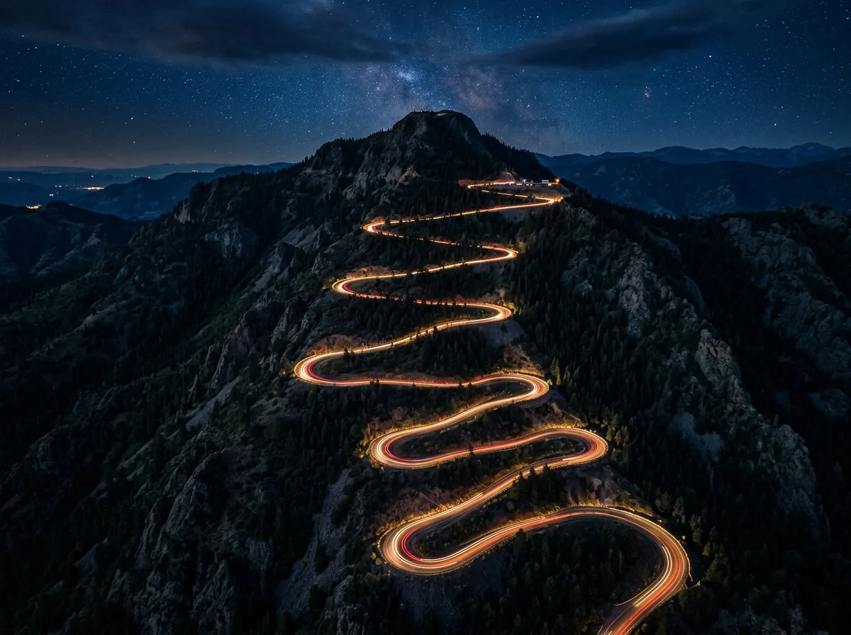 Light trails climbing a mountain switchback road at night