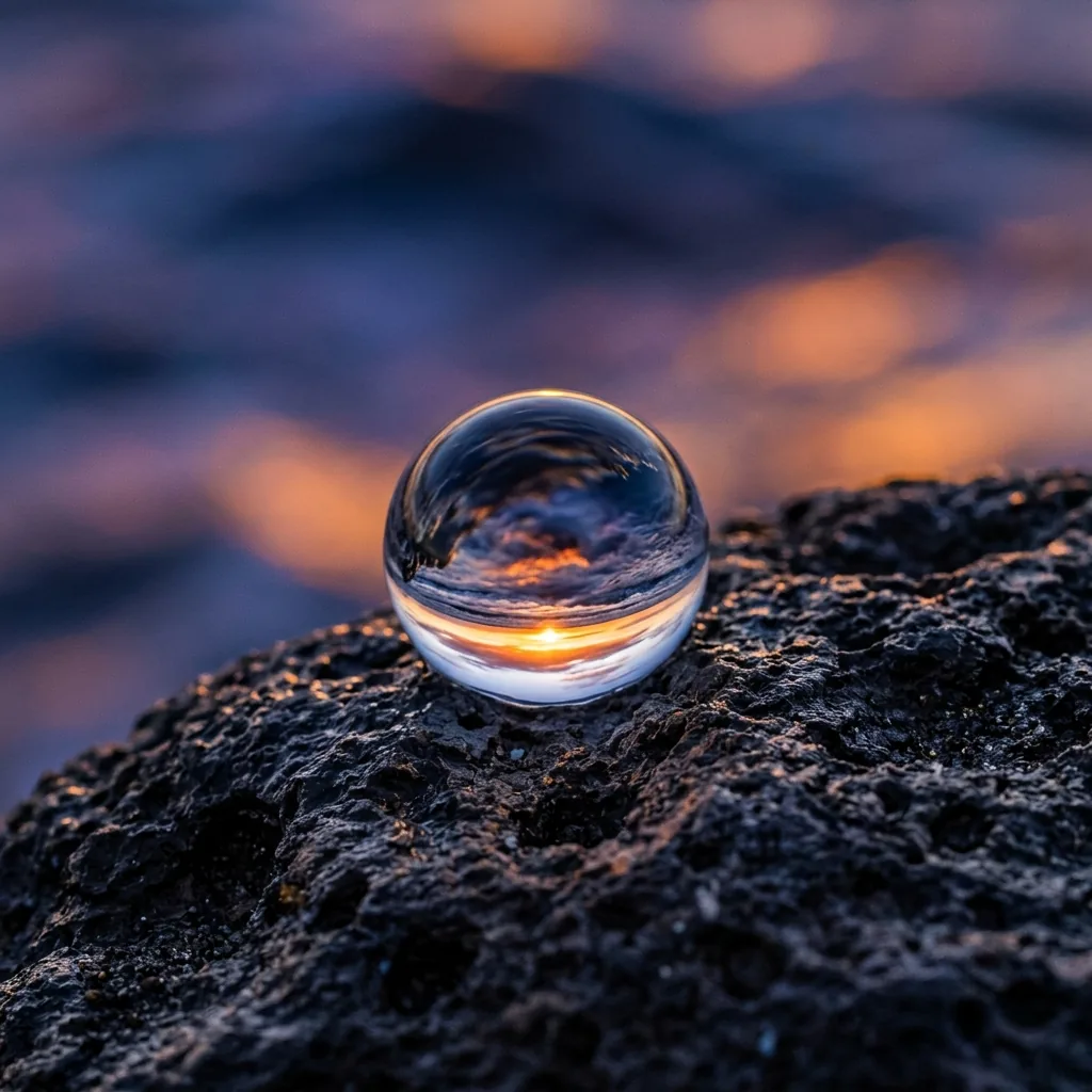 A dew drop refracting sunrise light on dark stone