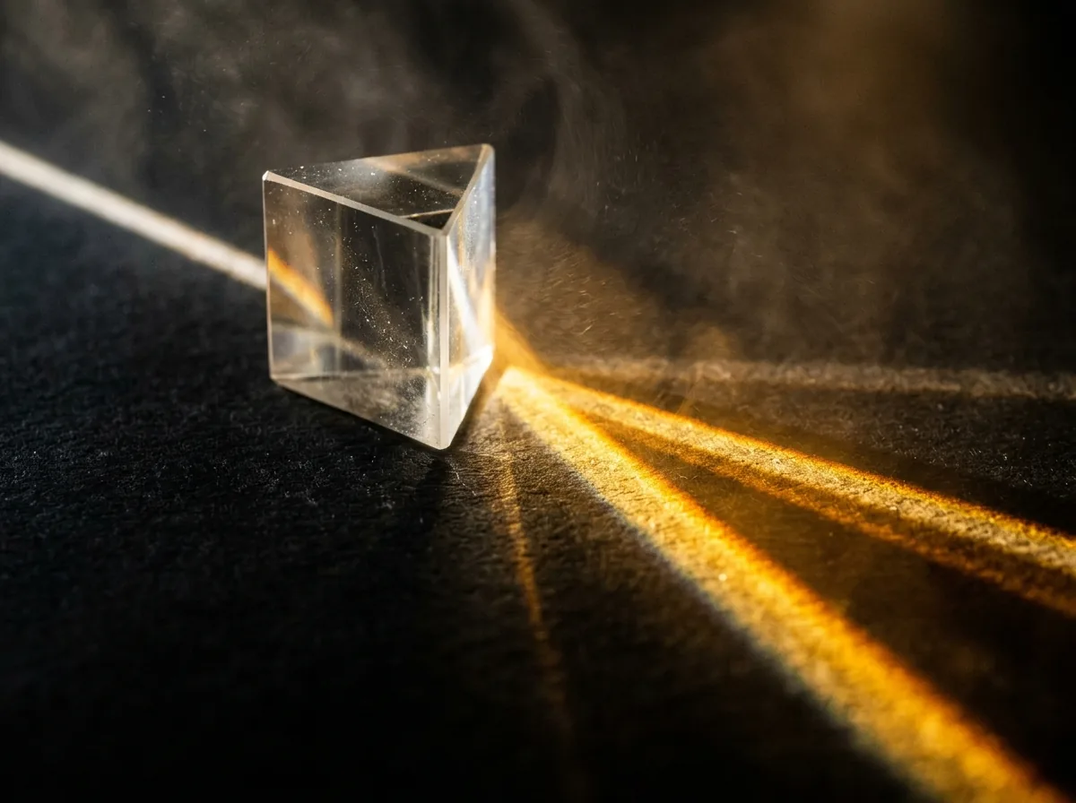 Light splitting through a prism into amber beams
