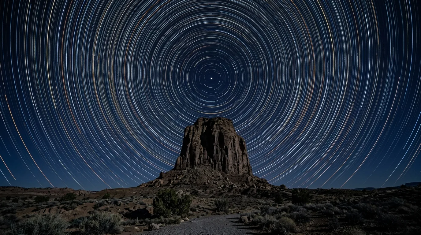 Circular star trails around a fixed point in a night sky